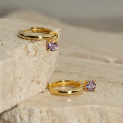 GEMMA PURPLE AMETHYST / ELINA SMALL GOLDEN CREOL EARRING