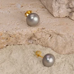SIMPLE GREY PEARL GOLDEN STUD EARRING