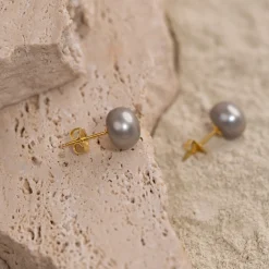 SIMPLE GREY PEARL GOLDEN STUD EARRING