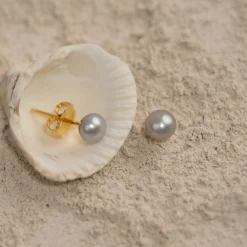 SIMPLE GREY PEARL GOLDEN STUD EARRING