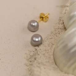 SIMPLE GREY PEARL GOLDEN STUD EARRING