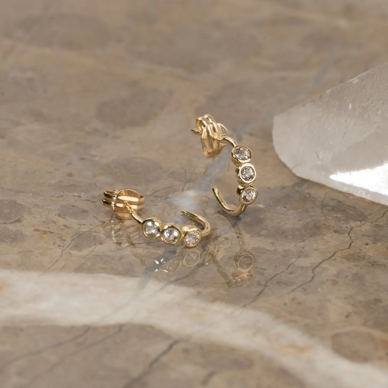 TRINITY WHITE TOPAZ SOLID GOLD EARRING